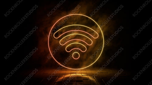 Orange and yellow neon light wifi icon. Vibrant colored technology symbol, isolated on a black background. 3D Render