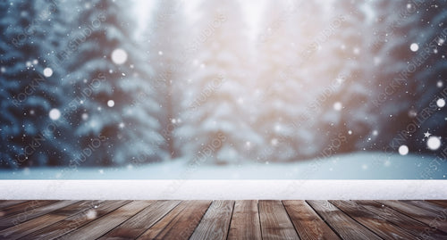 Winter festive Christmas background - surface of wooden planks with snow cap on light blurred background of snow-covered forest and falling light flakes of snow.