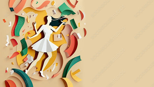 Dancing Lady in a Multicolored Geometric Design. Youthful Paper Craft Background with Abstract Shapes and copy-space, to Celebrate International Woman's Day. Generative AI