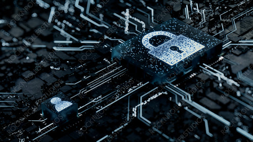 Security Technology Concept with lock symbol on a Microchip. White Neon Data flows between the CPU and the User across a Futuristic Motherboard. 3D render.