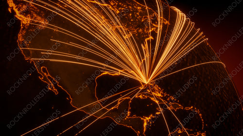 Futuristic Neon Map. Orange Lines connect Miami, USA with Cities across the Planet. Worldwide Travel or Communication Concept.