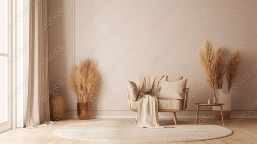 Contemporary Living Room. Boho Interior Design Background. Generative AI.