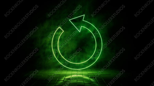 Green neon light refresh icon. Vibrant colored technology symbol, isolated on a black background. 3D Render