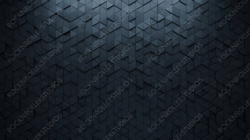 Polished, 3D Mosaic Tiles arranged in the shape of a wall. Black, Triangular, Bricks stacked to create a Semigloss block background. 3D Render