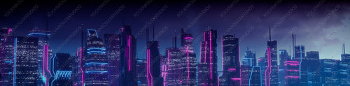 Sci-fi City Skyline with Blue and Pink Neon lights. Night scene with Advanced Superstructures.