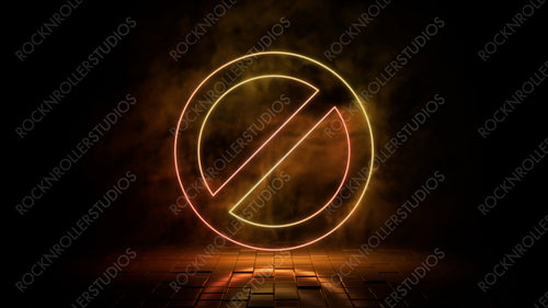Orange and yellow neon light no entry icon. Vibrant colored technology symbol, isolated on a black background. 3D Render