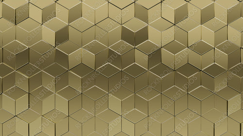 Polished, 3D Wall background with tiles. Diamond shaped, tile Wallpaper with Luxurious, Gold blocks. 3D Render