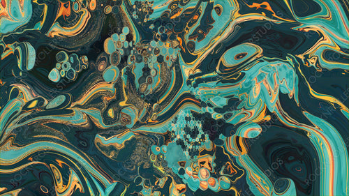 Liquid Swirls in Beautiful Turquoise and Yellow colors, with Gold Glitter. Luxurious Acrylic Pour Background.