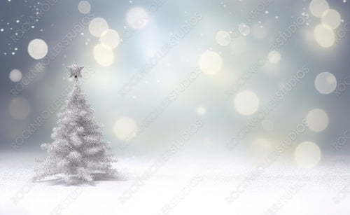 Winter christmas scenic background template. Silvery small Christmas tree on a blurred defocused background in pearl silver tones with copy space.