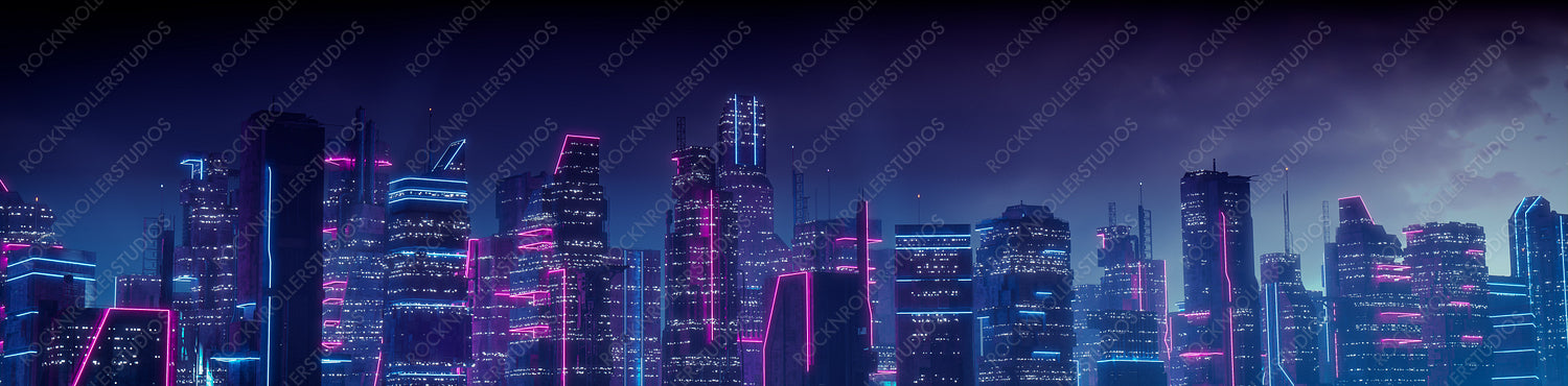 Sci-fi Metropolis with Blue and Pink Neon lights. Night scene with Visionary Skyscrapers.