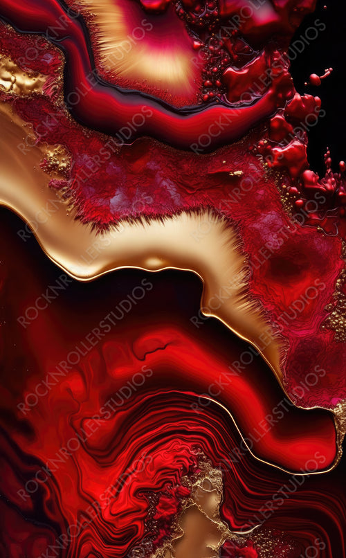 Elegant Design Wallpaper. Paint Swirls in Beautiful Crimson colors, with Gold Glitter. Generative AI.