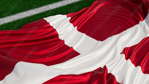 Flag of Denmark on a Sports field. Grass Pitch with a Danish Flag. Euro 2020 Football Background.