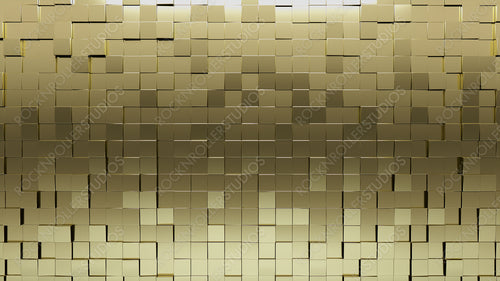 Glossy, Square Mosaic Tiles arranged in the shape of a wall. Gold, Polished, Bullion stacked to create a 3D block background. 3D Render