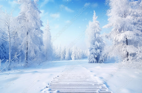 Winter Christmas scenic landscape with copy space. Wooden path, white trees in forest covered with snow, snowdrifts and snowfall against blue sky in sunny day on nature outdoors, blue tones.