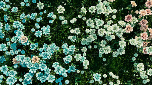 Multicolored Flower Background. Floral Wallpaper with Pale Green, Aqua and Dusky Pink Roses. 3D Render