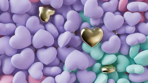 Multicolored Heart background. Valentine Wallpaper with Violet, Turquoise and Gold love hearts. 3D Render