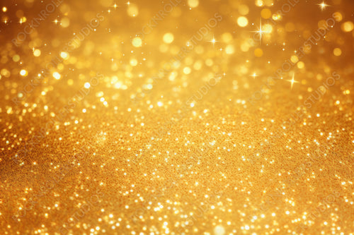 Gold Sparkling Lights Festive Background with Texture. Abstract Christmas Twinkled Bright Bokeh Defocused and Falling Stars. Winter Card or invitation