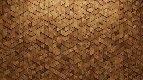 Triangular, Wood Mosaic Tiles arranged in the shape of a wall. Timber, Soft sheen, Blocks stacked to create a 3D block background. 3D Render