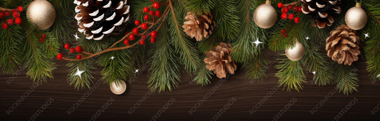 Christmas Border with Fir Branches and Pine Cones