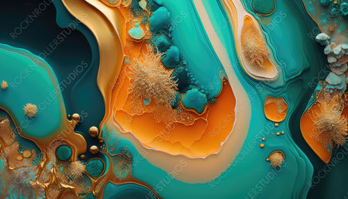 Liquid Swirls in Beautiful Teal and Orange colors, with Gold Glitter. Contemporary Marbling Wallpaper. Generative AI.