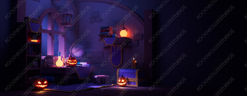 Fun Halloween Scene with Moonlit Books, Potions and Jack O' Lanterns. Halloween background with copy-space.