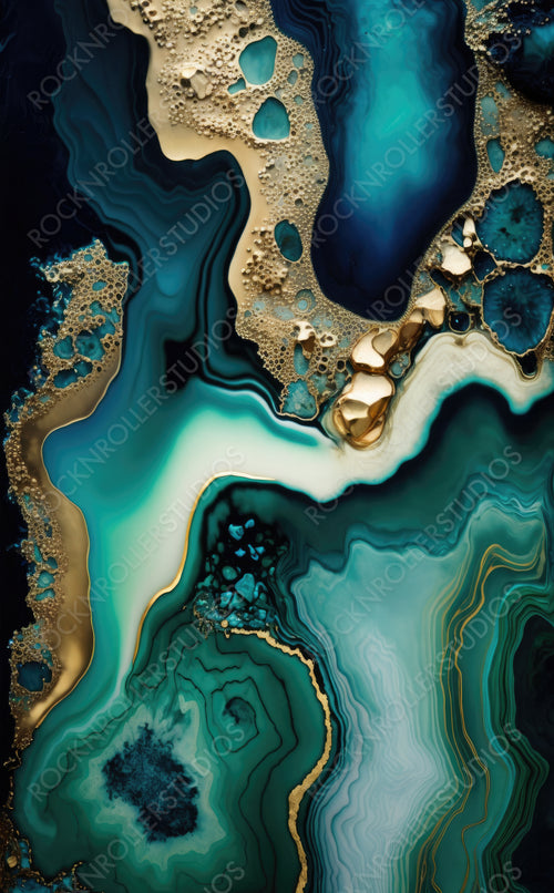 Luxurious Design Background. Paint Swirls in Beautiful Teal and Blue colors, with Gold Glitter. Generative AI.