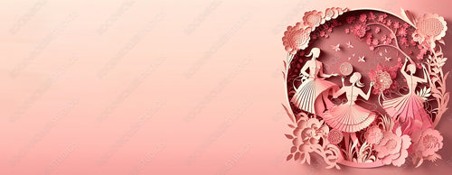 Dancing Ladies in a Pink Floral Design. Elegant Paper Craft Banner with Flowers and copy-space, to Celebrate International Woman's Day. Generative AI
