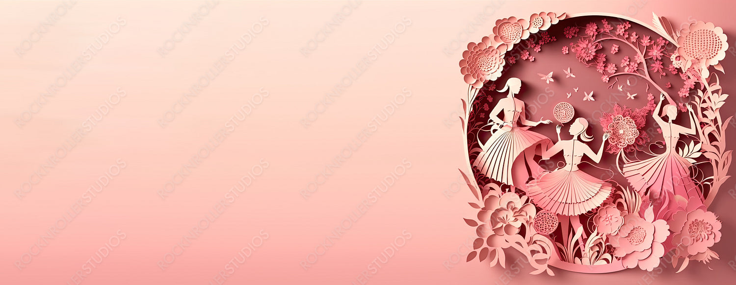 Dancing Ladies in a Pink Floral Design. Elegant Paper Craft Banner with Flowers and copy-space, to Celebrate International Woman's Day. Generative AI