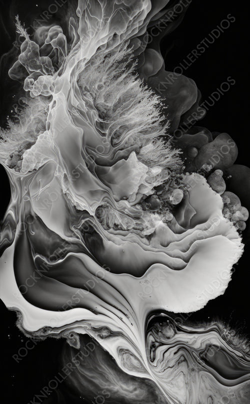 Modern Art Wallpaper. Paint Swirls in Beautiful Black and White colors, with White Particles. Generative AI.