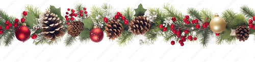 Festive Christmas border, isolated on white background. Fir green branches are decorated with baubels, fir cones and red berries, banner format.