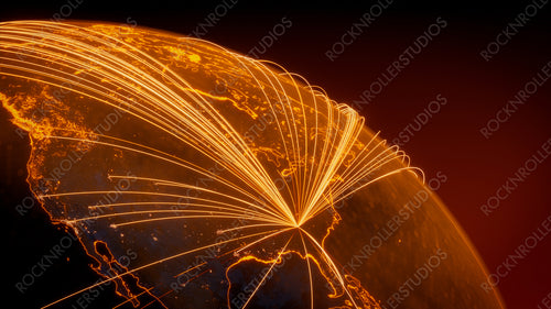 Futuristic Neon Map. Orange Lines connect Atlanta, USA with Cities across the Globe. International Travel or Business Concept.