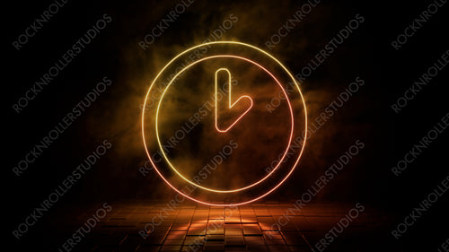 Orange and yellow neon light clock icon. Vibrant colored technology symbol, isolated on a black background. 3D Render