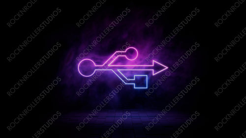 Pink and blue neon light usb icon. Vibrant colored interface technology symbol, isolated on a black background. 3D Render