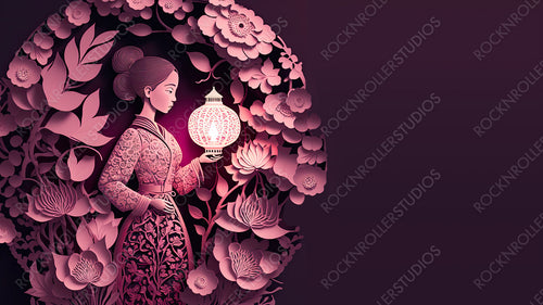 Lovely Paper Cut Background to Celebrate International Woman's Day. Pink Floral Design with Woman, Lanterns and copy-space. Generative AI.