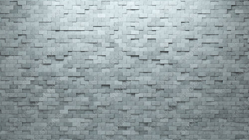 3D, Concrete Mosaic Tiles arranged in the shape of a wall. Rectangular, Semigloss, Bricks stacked to create a Polished block background. 3D Render