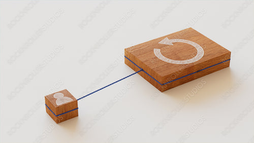 Reload Technology Concept with refresh Symbol on a Wooden Block. User Network Connections are Represented with Blue string. White background. 3D Render.
