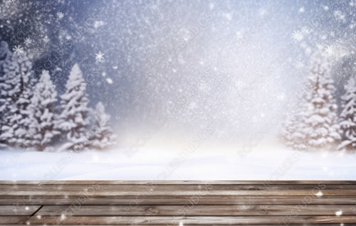 Winter christmas scenic background with copy space. The wooden flooring was strewn with snow in the forest and the branches of fir-trees covered with snow on the nature.
