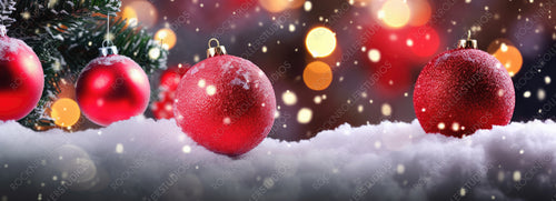 Christmas and New Year Holidays Concept. Red Balls on Fir Branches, Winter Snowy Backdrop. Festive Winter Season Background. Template For Design. Banner.