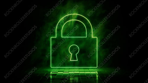 Green neon light lock icon. Vibrant colored technology symbol, isolated on a black background. 3D Render