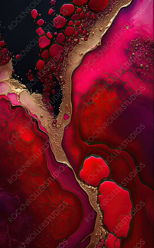 Beautiful Crimson Liquid Swirls with Gold Powder. Contemporary Art Background. Generative AI.