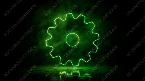 Green neon light settings cog icon. Vibrant colored technology symbol, isolated on a black background. 3D Render