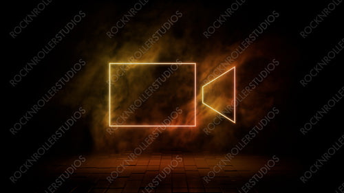 Orange and yellow neon light video camera icon. Vibrant colored technology symbol, isolated on a black background. 3D Render