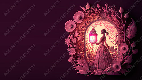Paper Craft Design to Celebrate International Woman's Day. Beautiful Pink Floral Background with Woman, Lanterns and copy-space. Generative AI.