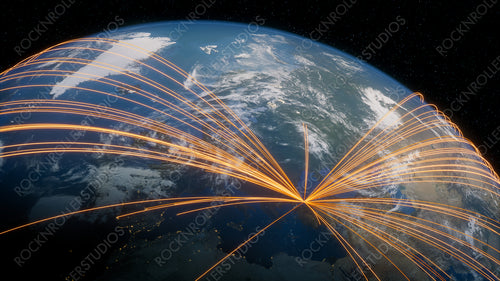 Earth in Space. Orange Lines connect Istanbul, Turkey with Cities across the World. Worldwide Travel or Business Concept.