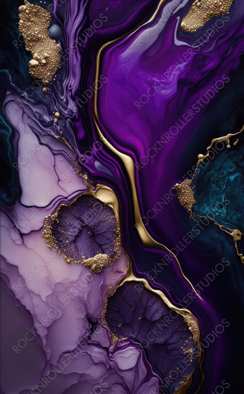 Beautiful Purple and Black Paint Swirls with Gold Glitter. Luxurious Marbling Background. Generative AI.