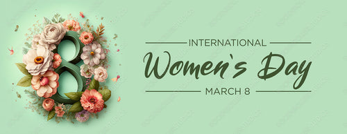 Number 8 in a Green Floral Design. Elegant Botanical Banner with Flowers and Caption, to Celebrate International Woman's Day. Generative AI