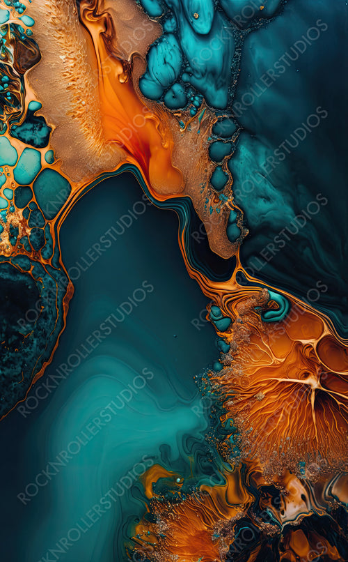 Beautiful Teal and Orange Liquid Swirls with Gold Glitter. Luxurious Marbling Background. Generative AI.