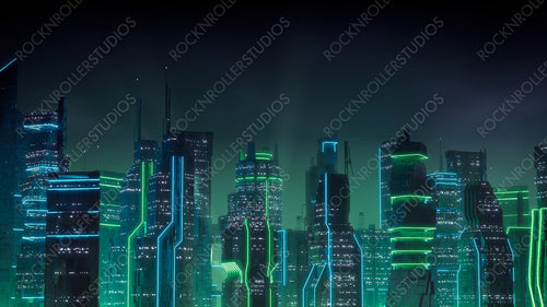 Sci-fi Cityscape with Green and Blue Neon lights. Night scene with Futuristic Skyscrapers.