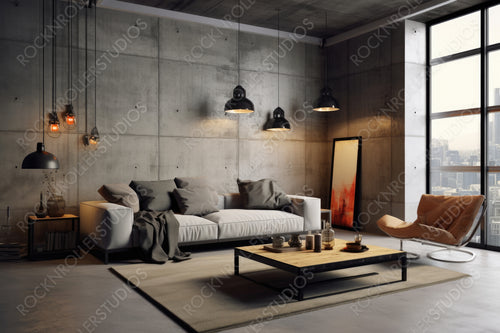 Industrial Living Room Background. Contemporary Interior Design. Generative AI.
