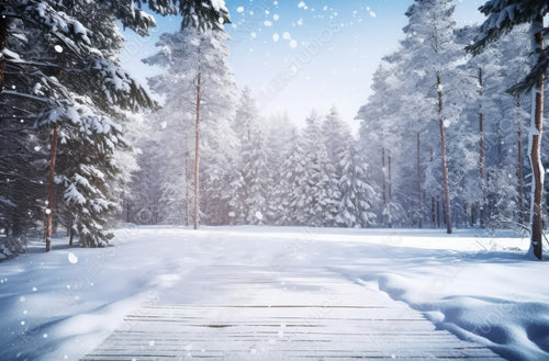 Winter christmas scenic landscape with copy space. Wooden flooring strewn with snow in forest  with fir-trees covered with snow on nature.